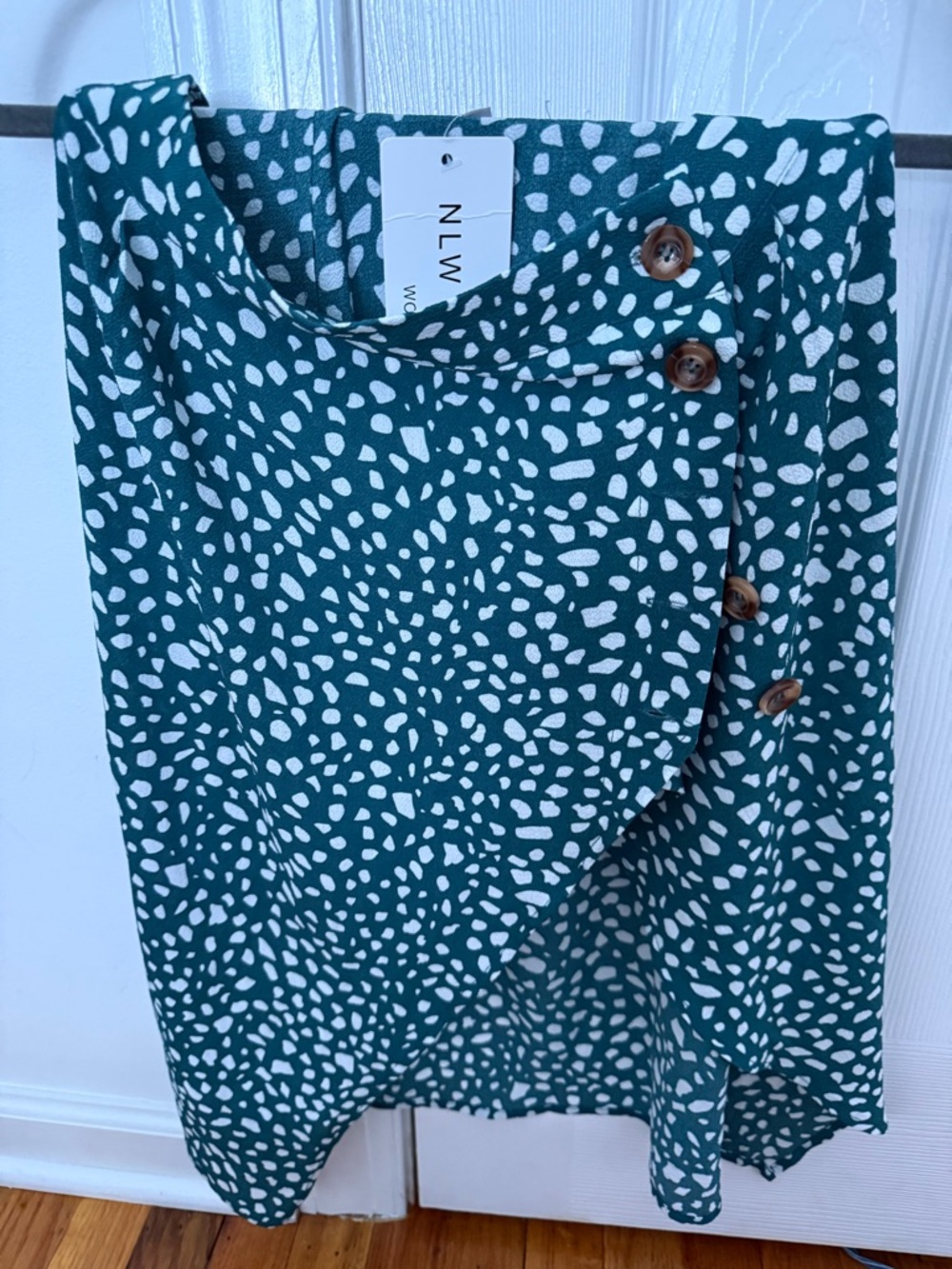 Teal Green Print Asymmetrical Wrap Skirt with Button Detail